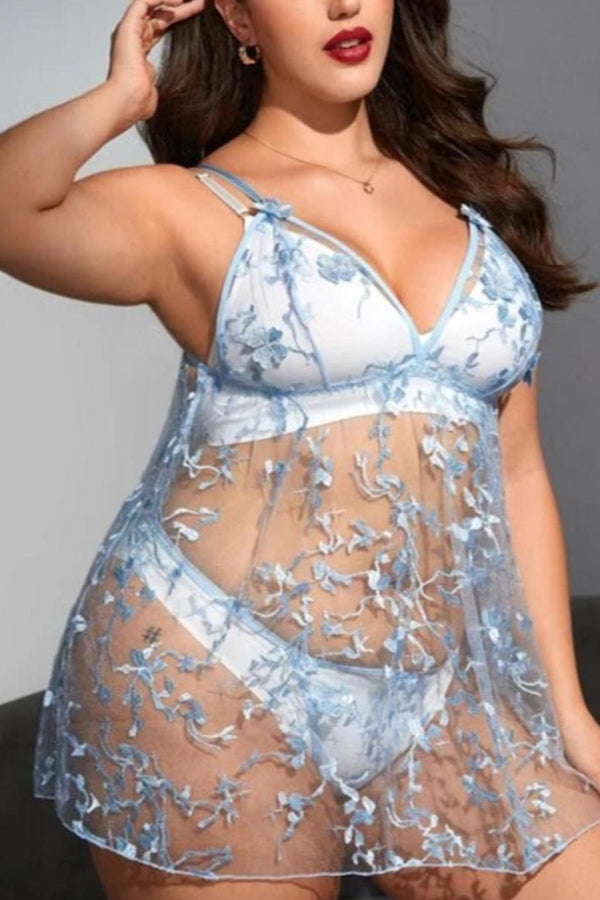 Plus Size Blue Sheer Mesh Flower Embroidery Babydoll