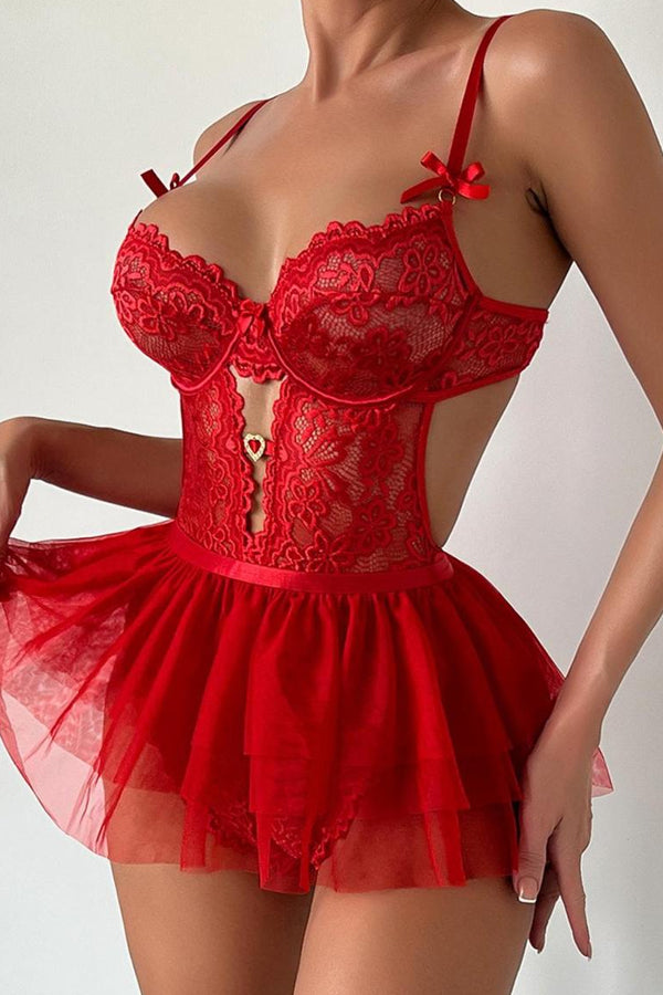 Red Lace Teddy with Removable Skirt