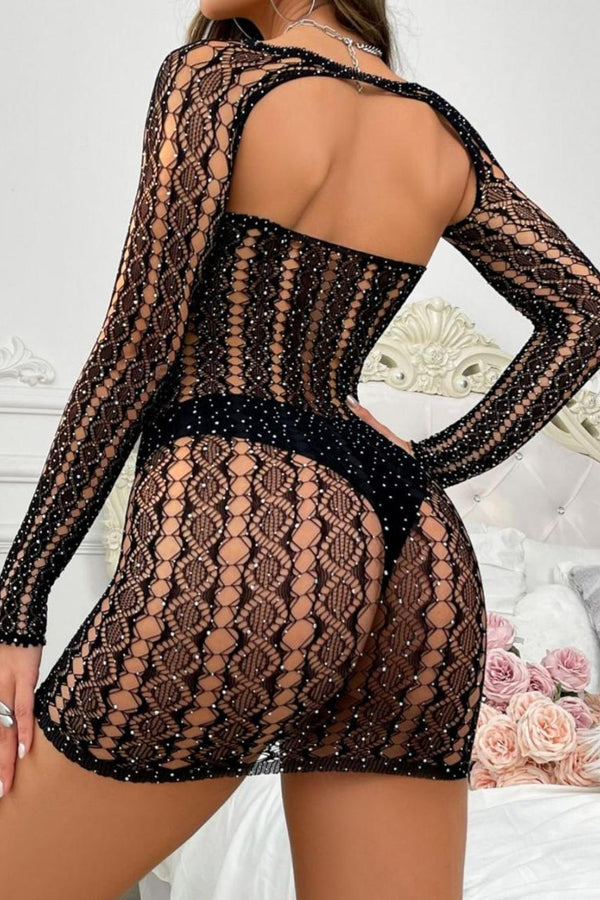 Black Fishnet Rhinestone Mini Dress