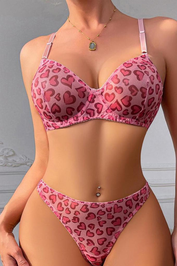 Pink Heart Mesh Print Brat and Thong Set