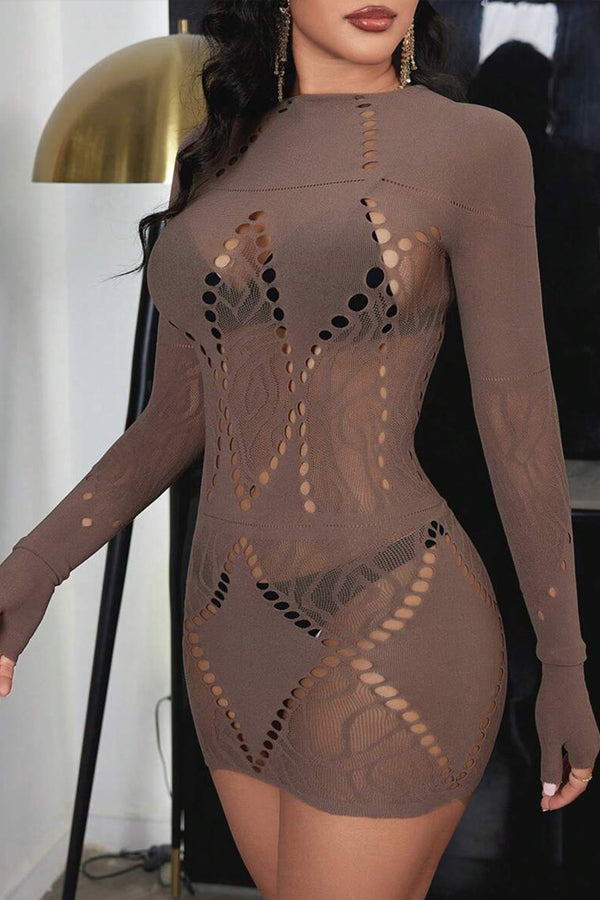 Taupe Sexy Long Sleeves Bodystocking Mini Dress