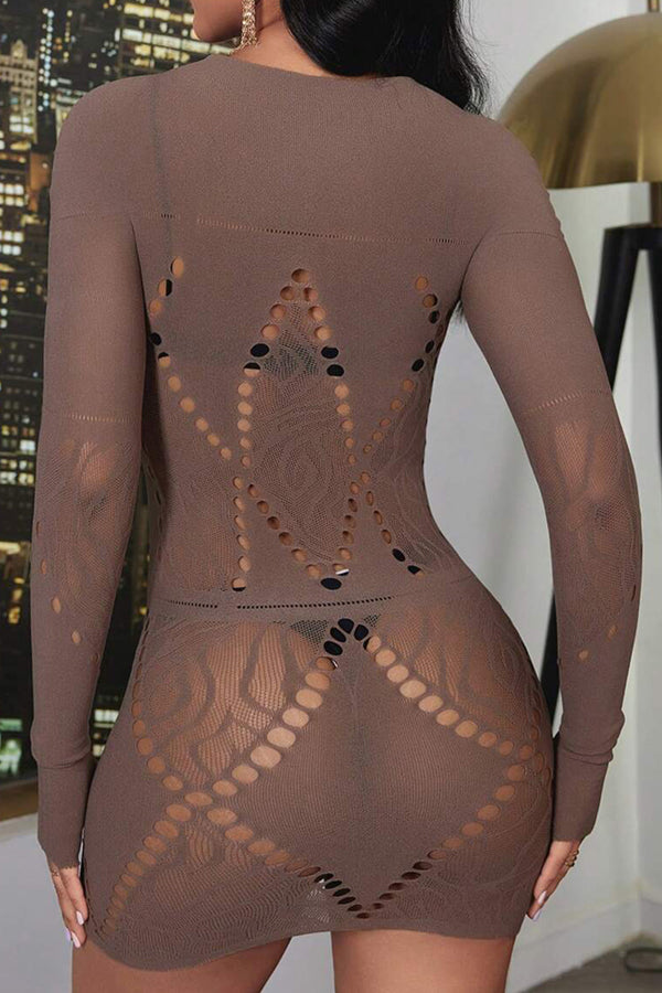 Taupe Sexy Long Sleeves Bodystocking Mini Dress