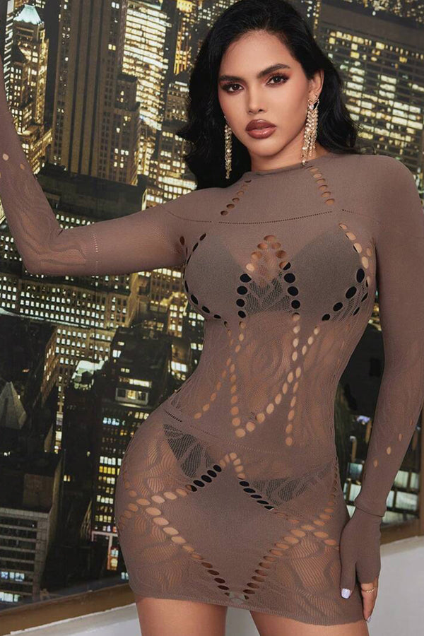 Taupe Sexy Long Sleeves Bodystocking Mini Dress