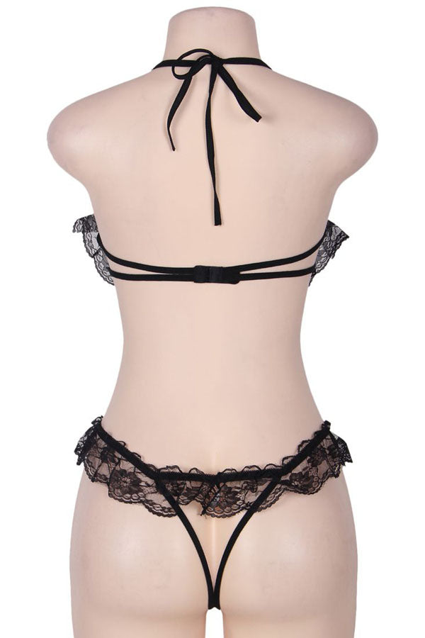 Black Ruffle Lace Open Cup Teddy