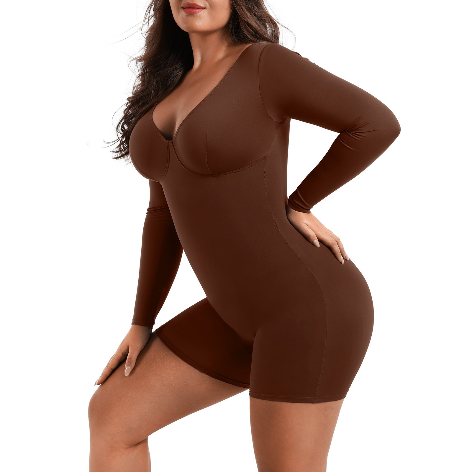 Mocha Deep V-Neck Shapewear With Slimming Compression and Mid Thigh Shorts