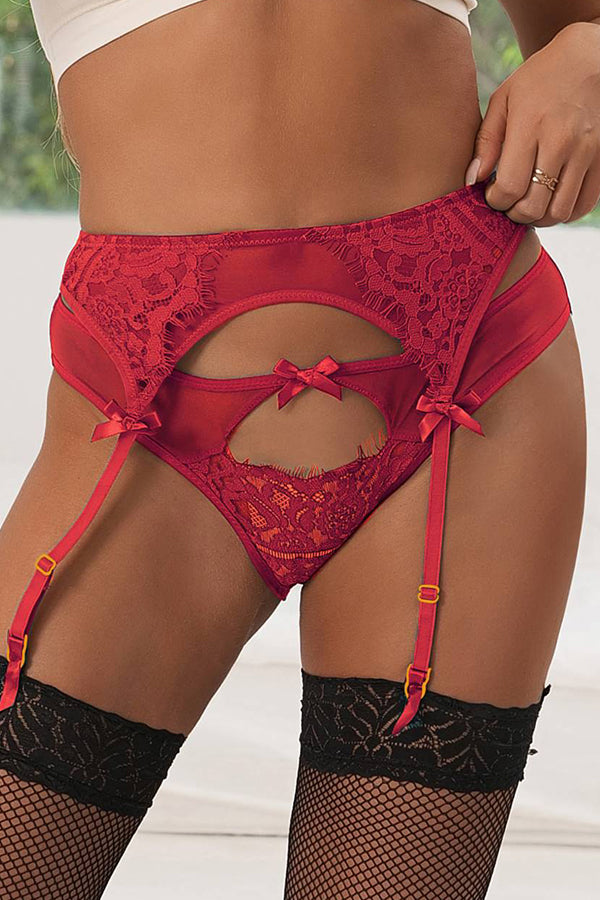 Plus Size Red Mesh and Lace Garter and Panty Set