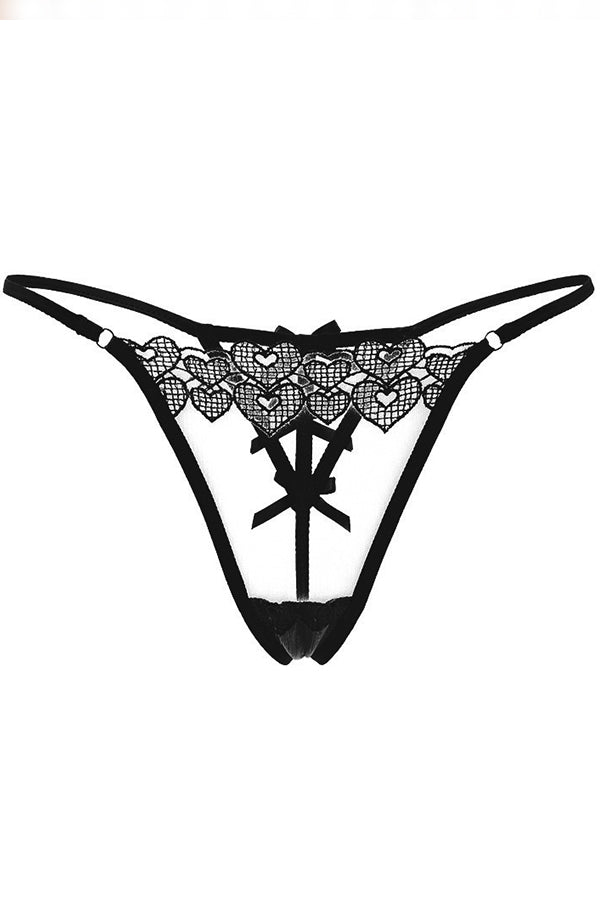 Black Open Front Heart and Bow G-String