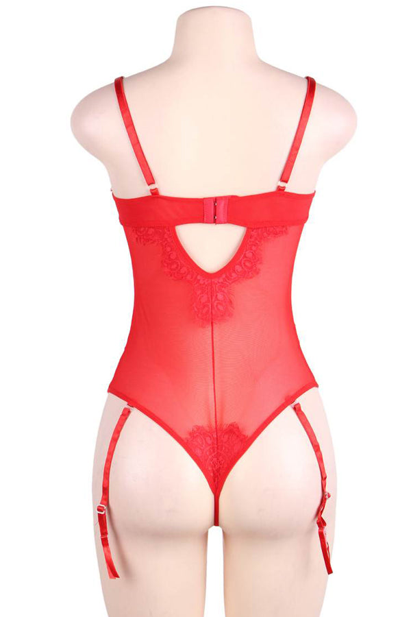 Red Mesh and Lace Cut-Out Teddy