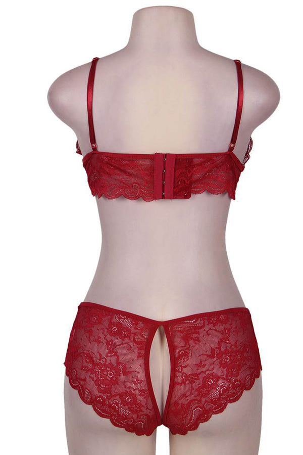 Red  Peek-a-Boo Lace Bra and Open Crotch Boyshort Set