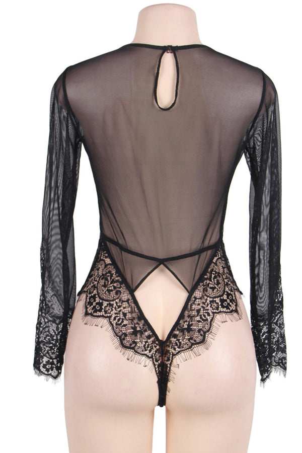 Plus Size Black Long Sleeve Lace Teddy