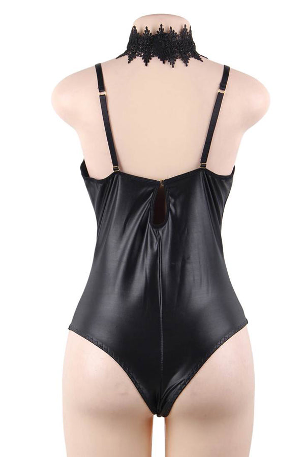 Black Lace Halter Faux Leather Teddy