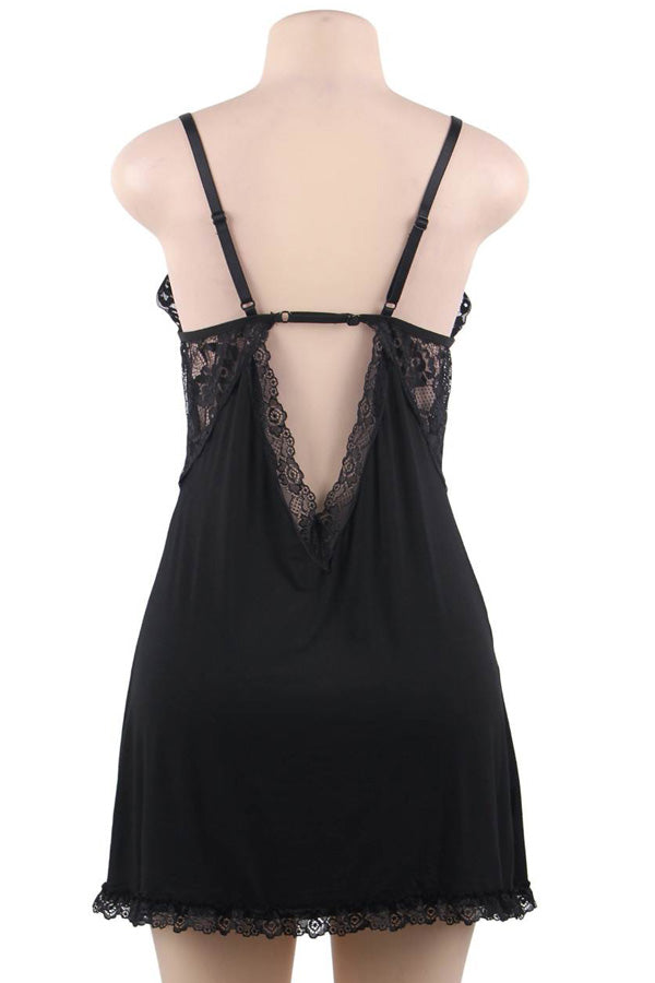 Plus Size Black Open Back Modal Nightdress with G String