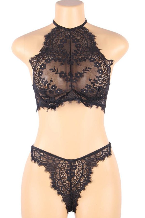 Floral Black Eyelash Lace Lingerie Bra Set