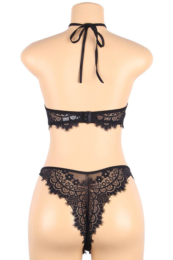 Floral Black Eyelash Lace Lingerie Bra Set