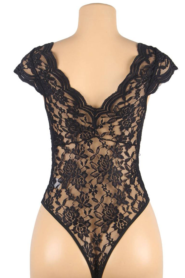 Plus Size Black Scalloped Edge Lace Teddy