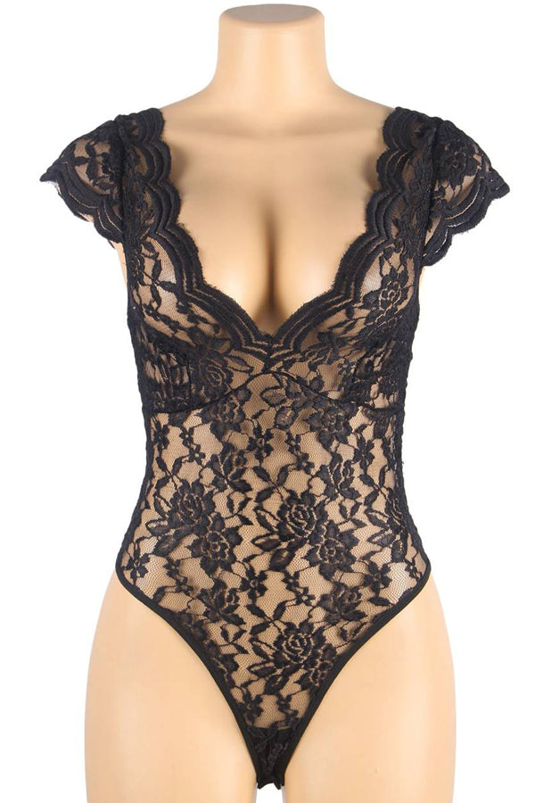 Plus Size Black Scalloped Edge Lace Teddy