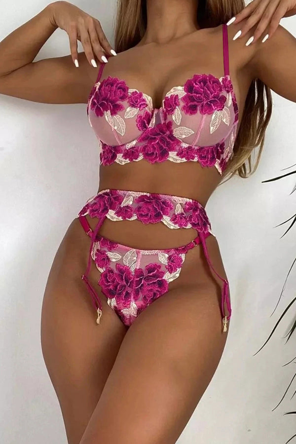 Dark Pink Floral Underwire Bra and Garter Bra Set