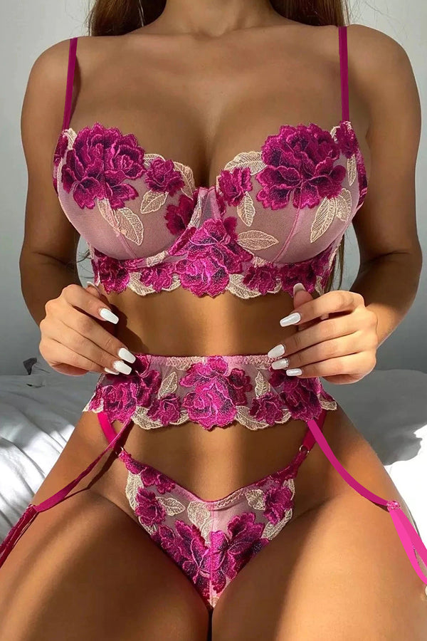 Dark Pink Floral Underwire Bra and Garter Bra Set