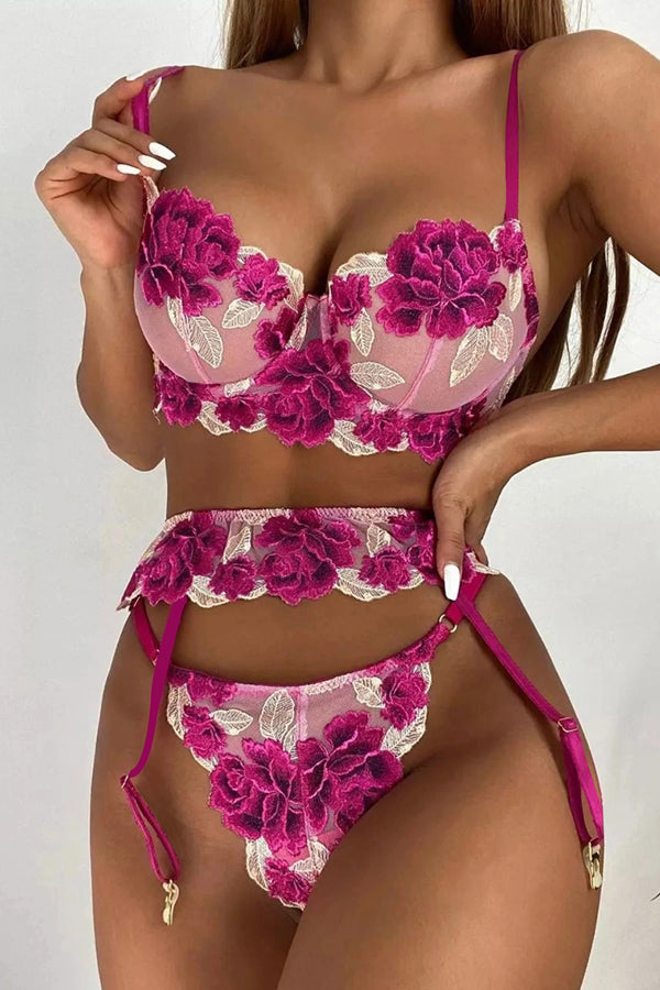 Dark Pink Floral Underwire Bra and Garter Bra Set