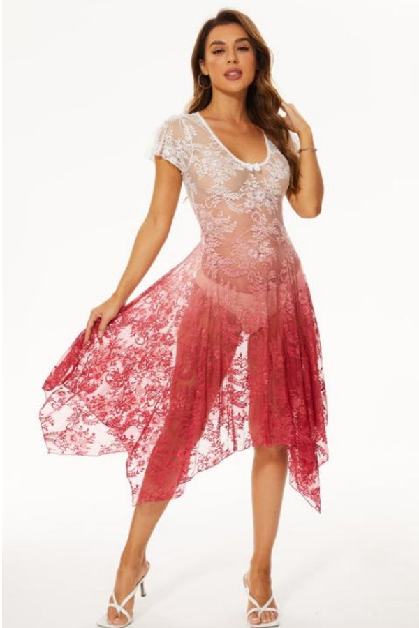 White to Red Lace Ombre Dress