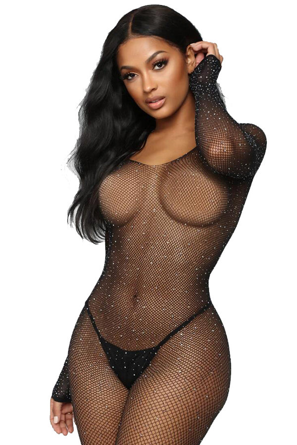 Rhinestone-Embellished Black Long Sleeve Bodystocking