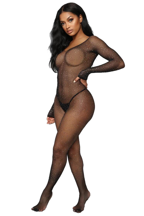 Rhinestone-Embellished Black Long Sleeve Bodystocking