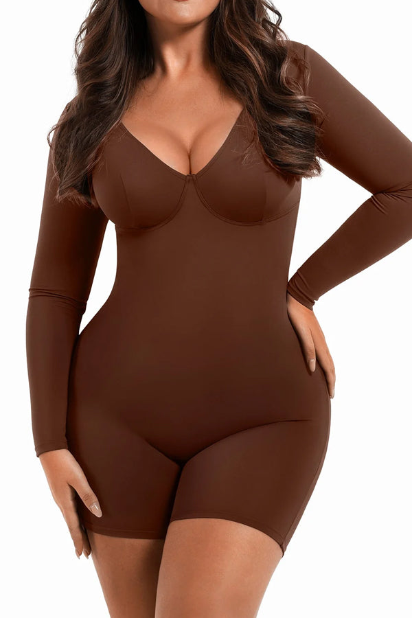 Mocha Deep V-Neck Shapewear With Slimming Compression and Mid Thigh Shorts