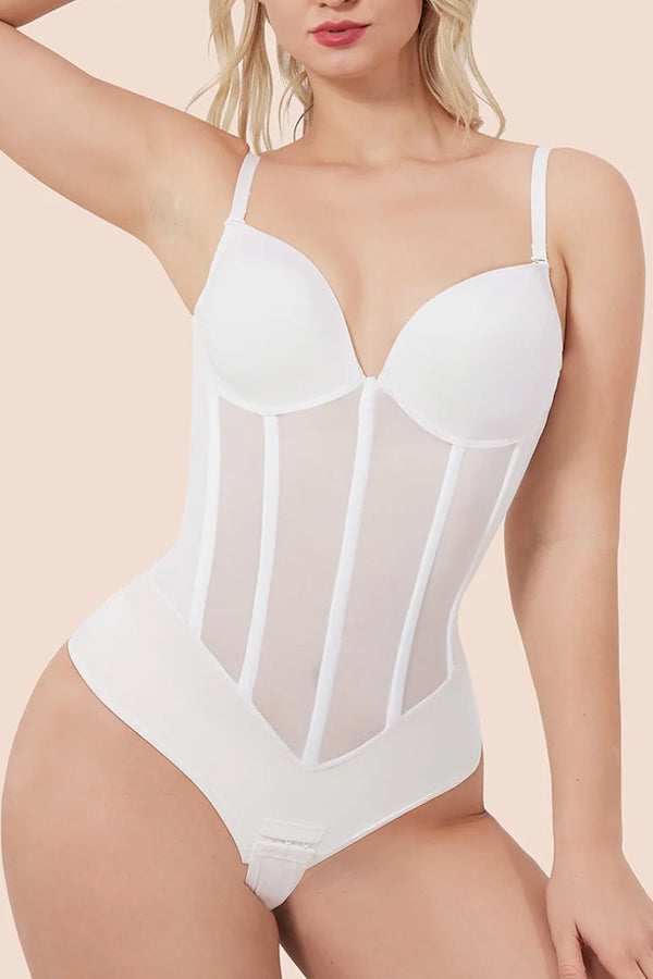 White Plunge Backless Bodysuit Shaper With Built-In Bra And Velvet Boned Corset